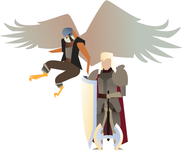 Wren & Avo: the inseparable "Winged Couple" (Aarakocra Bard & Aasimar Paladin).